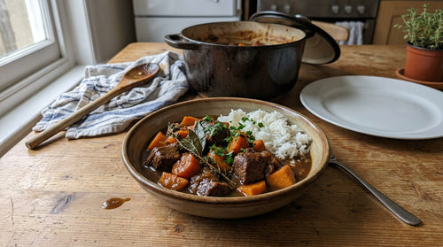 Caribbean beef stew with carrots and sweet potato in a dark gravy, served in a plain bowl next to the cooking pot on a home kitchen table