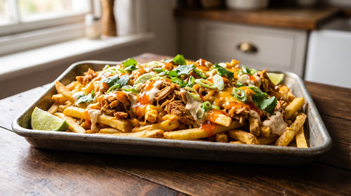 Caribbean loaded fries on a metal tray with spiced shredded chicken, melted cheese, creamy and chilli sauces, spring onion and coriander