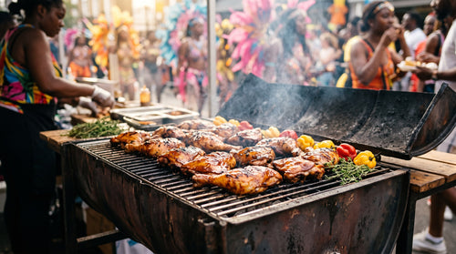 Jerk chicken glazed deep mahogany on an oil-drum barbecue at Notting Hill Carnival, scotch bonnets and thyme beside the grill, masqueraders in feathered costume behind
