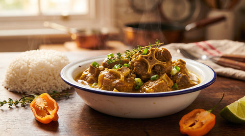 Caribbean curry goat in an enamel bowl with rice, thyme and scotch bonnet