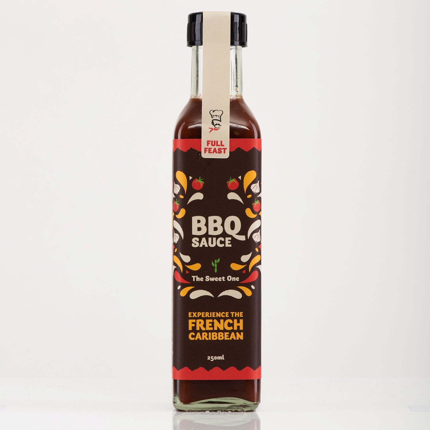 Bottle of BBQ sauce with a colorful label on a white background