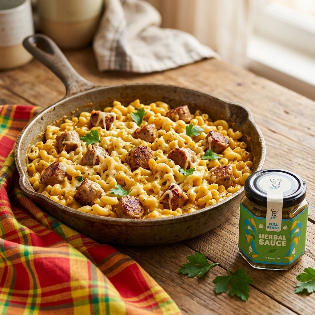Creamy chicken sausage coquillettes in a cast-iron pan with a jar of Full Feast Herbal Sauce