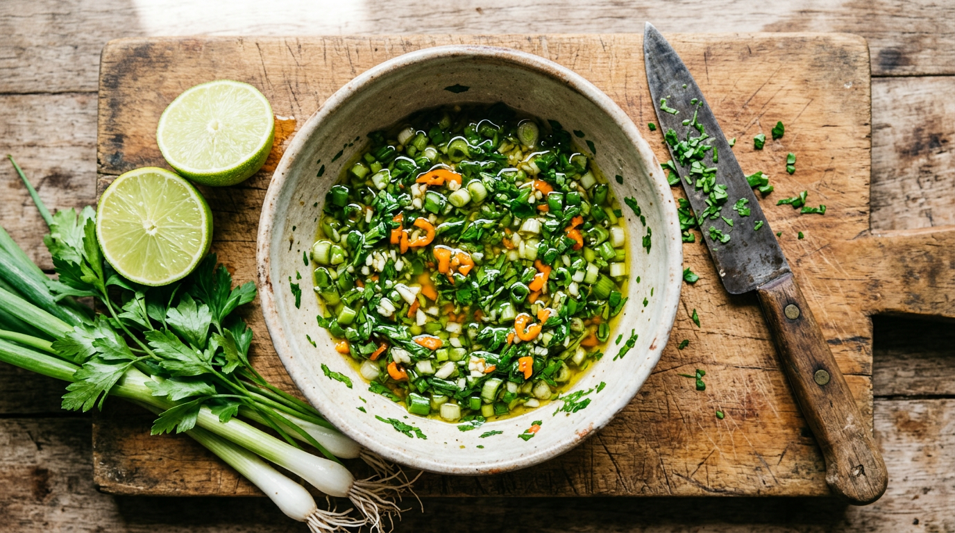 Bowl of fresh French Caribbean sauce chien with spring onion, parsley, scotch bonnet and lime beside a well-worn kitchen knife