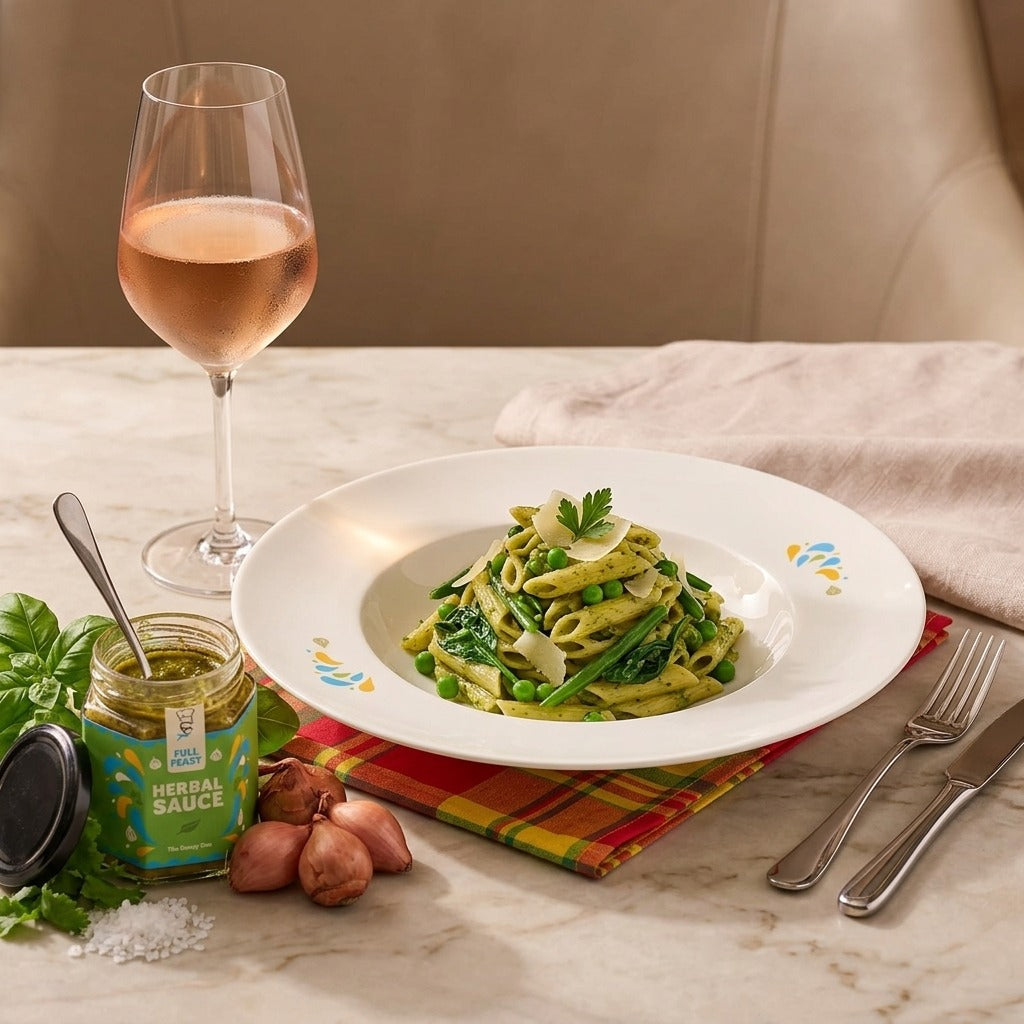 Herbal pasta primavera with peas, green beans and spinach, served with a jar of Full Feast Herbal Sauce