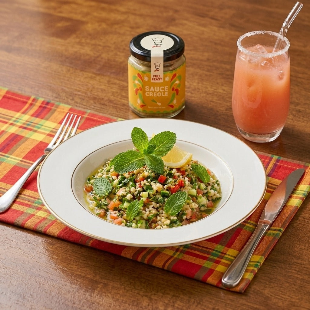 Creole summer tabbouleh with mint and lemon next to a jar of Full Feast Sauce Créole