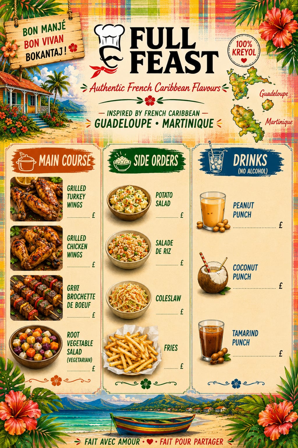 Full Feast Carnival menu poster: grilled turkey wings, grilled chicken wings, brochette de boeuf, root vegetable salad, sides and peanut, coconut and tamarind punch