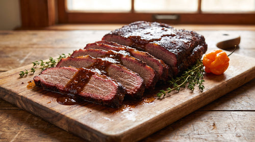 Caribbean barbecue brisket sliced to show the smoke ring and mahogany bark, with spiced sauce, thyme and a scotch bonnet