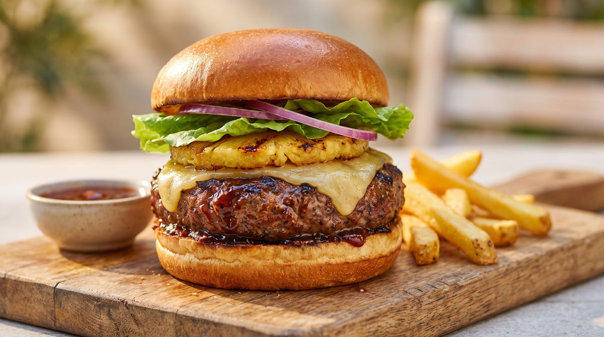 Caribbean barbecue burger with a glazed beef patty, melted cheese, grilled pineapple and red onion in a brioche bun
