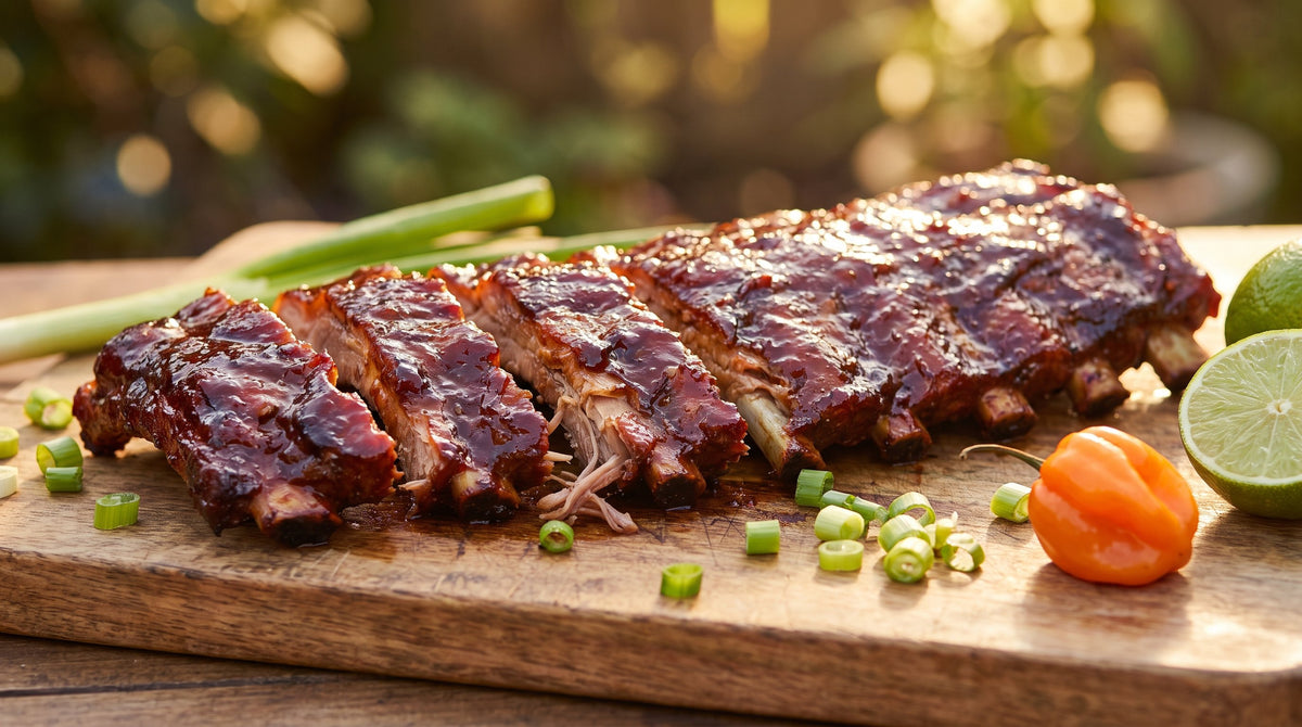 Sticky Caribbean barbecue ribs glazed dark and glossy, sliced on a wooden board with spring onion, lime and a scotch bonnet