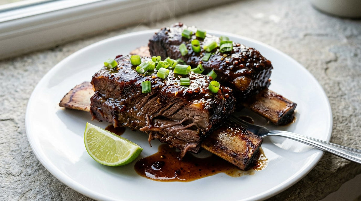 Caribbean beef short ribs with a dark sticky chilli glaze and sliced spring onion, meat pulling away from the bone, on a white plate with a lime wedge on a stone worktop by a window