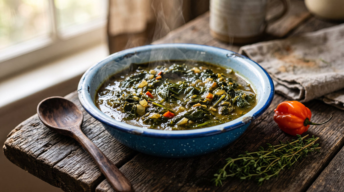 A blue enamel bowl of Caribbean callaloo greens with thyme and a scotch bonnet