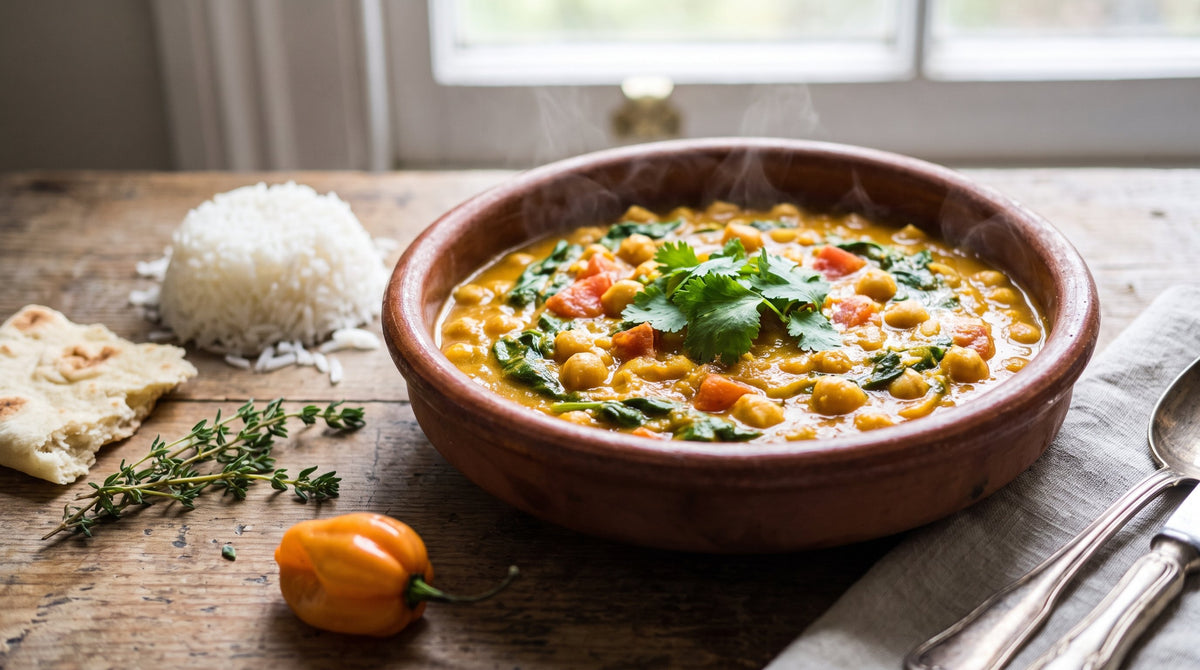 Caribbean chickpea and spinach curry in a terracotta dish with rice and flatbread