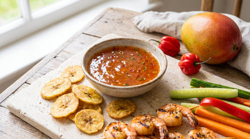 A bowl of glossy fruity Caribbean dipping sauce with plantain chips, prawns and vegetable sticks, mango and scotch bonnet beside