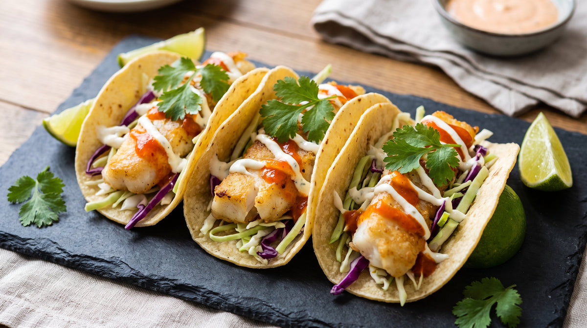 Three Caribbean fish tacos on slate with golden fish, slaw, chilli sauce and lime