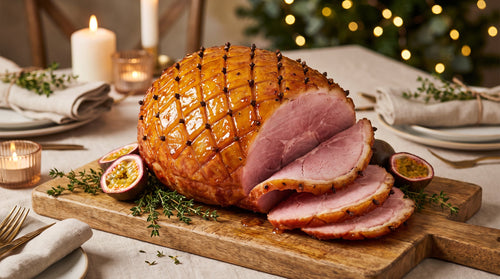 Caribbean glazed ham scored in a diamond pattern with a glossy passion fruit glaze, partly carved on a serving board