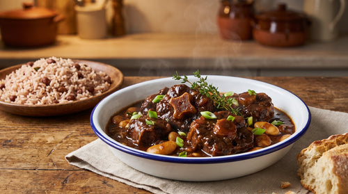 Caribbean oxtail slow-cooked in rich dark gravy with butter beans and thyme, in an enamel bowl with rice and peas