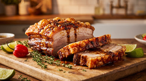Caribbean slow-roasted pork belly with crisp golden crackling, sliced on a wooden board with thyme, lime and a scotch bonnet