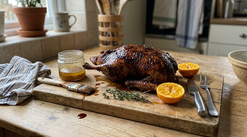 Glazed Caribbean roast duck on a wooden carving board in a home kitchen, with orange halves, a carving knife and a jar of saved duck fat beside it