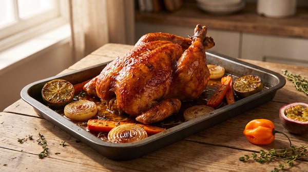 Caribbean Sunday Roast Chicken: Golden Skin, Sticky Passion Fruit Glaze, Island Sunshine