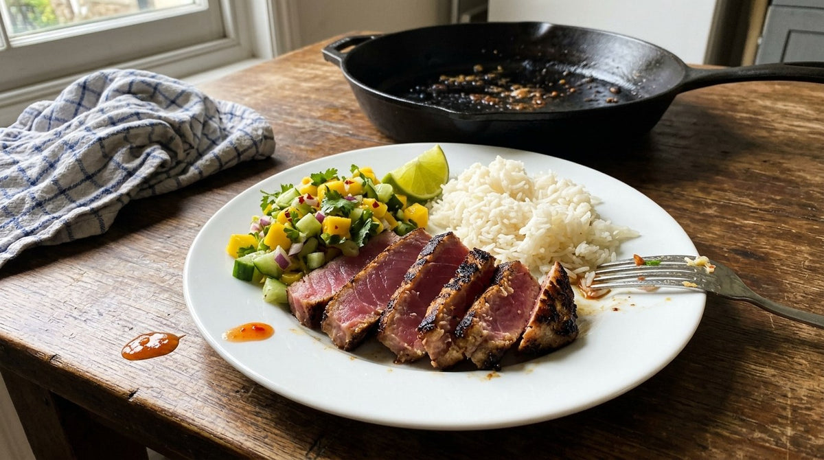 Seared Caribbean tuna steak sliced to show a pink centre, on a plain white plate with mango and cucumber salsa, rice and a lime wedge on a home kitchen table