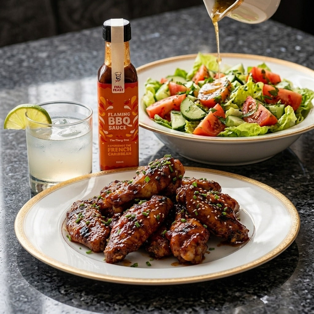 Sticky Flaming BBQ chicken wings with a side salad and Full Feast Flaming BBQ Sauce