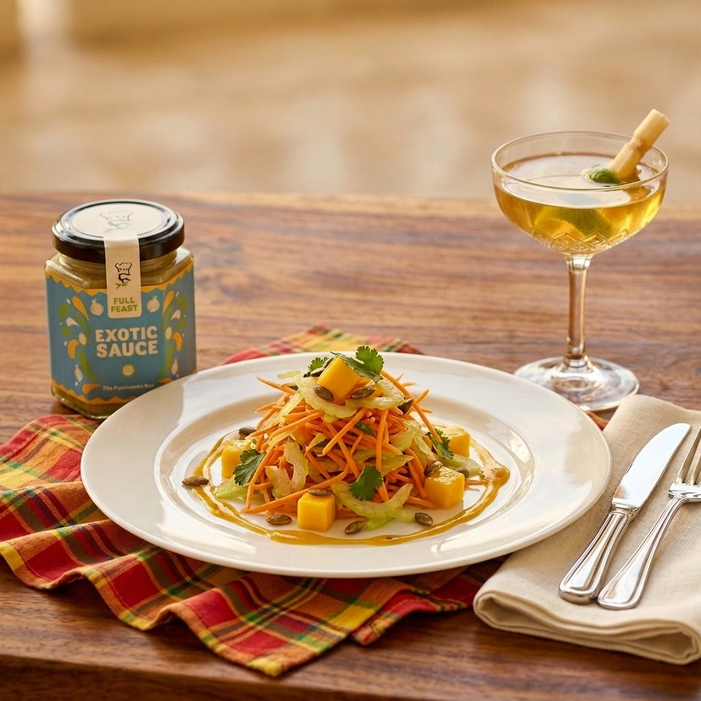 Exotic mango crunch salad with carrot, celery and pumpkin seeds next to a jar of Full Feast Exotic Sauce