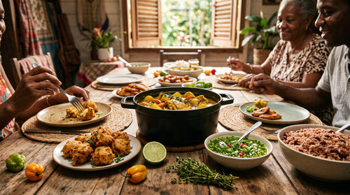 A Guadeloupean family table with a pot of chicken colombo, accras, sauce chien, rice and beans, thyme, lime and scotch bonnets