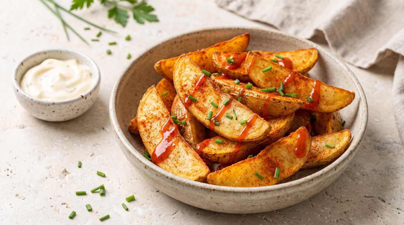 Crisp spicy potato wedges dusted with red spice in a bowl, drizzled with chilli sauce beside a creamy dip