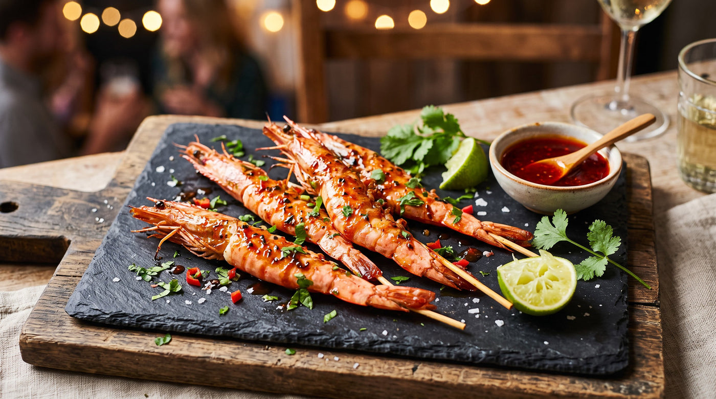 Glazed Caribbean prawn skewers on slate with lime, coriander and a bowl of red dipping sauce