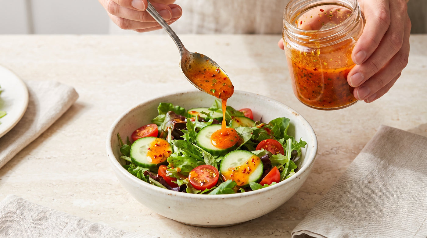 Bright orange spicy salad dressing being spooned from a jar over a fresh green salad with tomato and cucumber