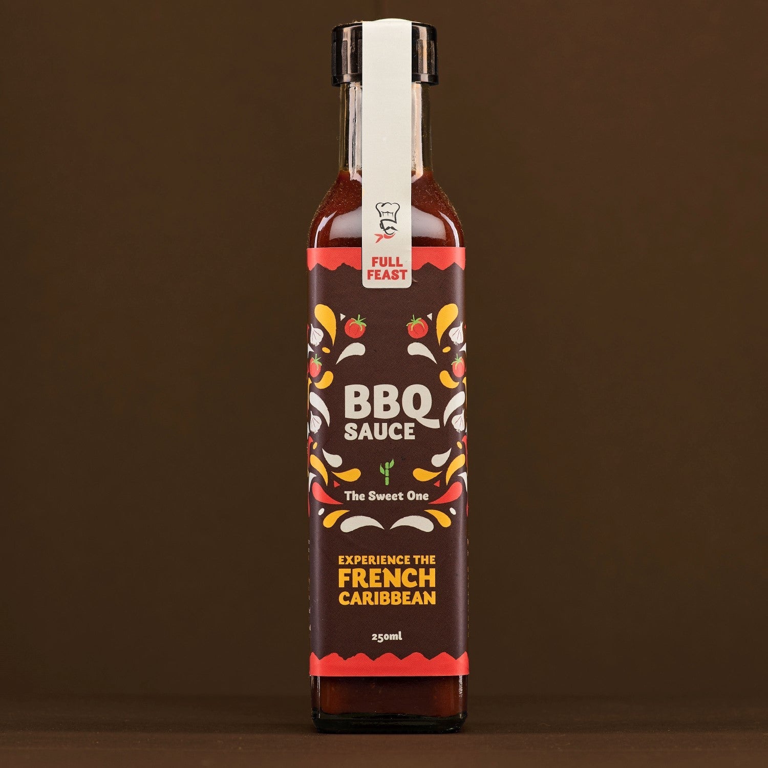 Bottle of BBQ sauce with a decorative label on a brown background