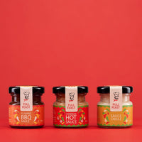 Full Feast Spicy Discovery Trio — hot sauce gift set with three Caribbean sauces — front label