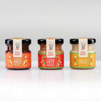 Full Feast Spicy Discovery Trio — hot sauce gift set with three Caribbean sauces — close-up